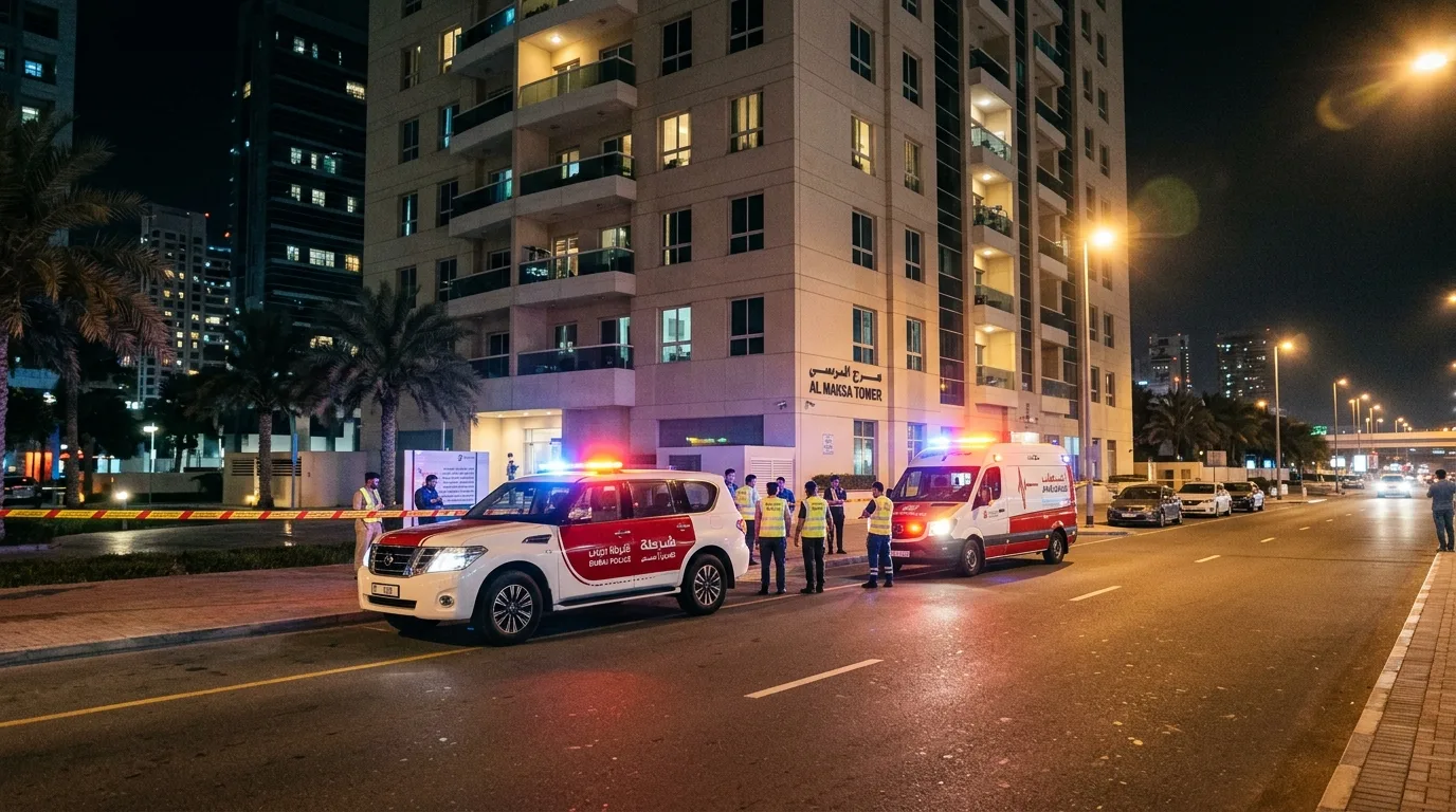 Emergency vehicles with flashing lights park on a city street at night near a cordoned-off residential building.