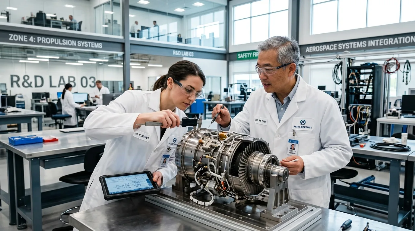 Two engineers in white lab coats inspect a sophisticated aerospace component inside a bright, modern defense facility.