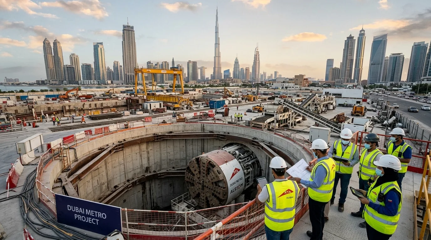 Construction engineers inspecting underground tunnel-boring operations for the Dubai Metro Blue Line project. | credit:AI Generated image