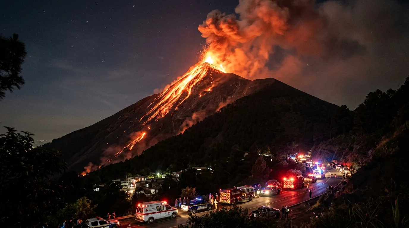 Guatemala's Volcán de Fuego erupting at night, ejecting incandescent lava streams and towering ash plumes. | credit:AI Generated Image