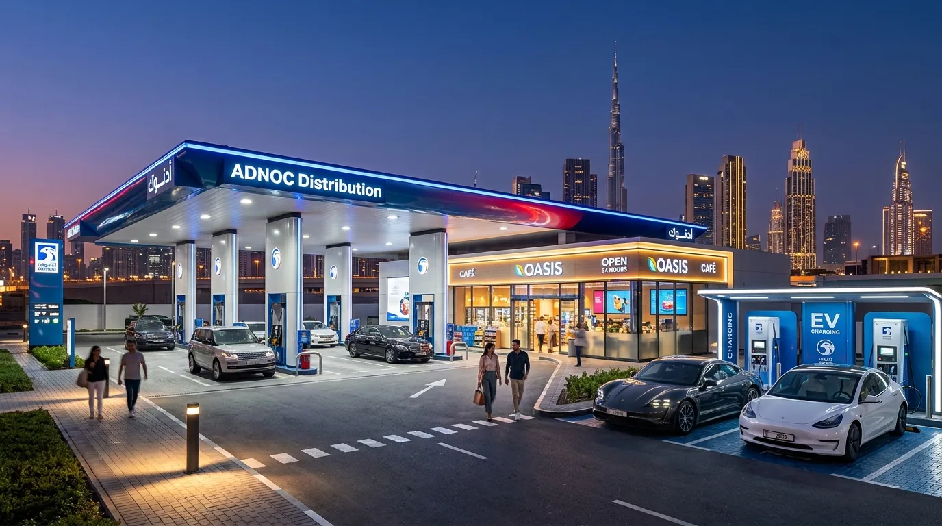 Modern ADNOC Distribution service station featuring fuel pumps, EV chargers, and convenience retail store. | credit:AI Generated Image