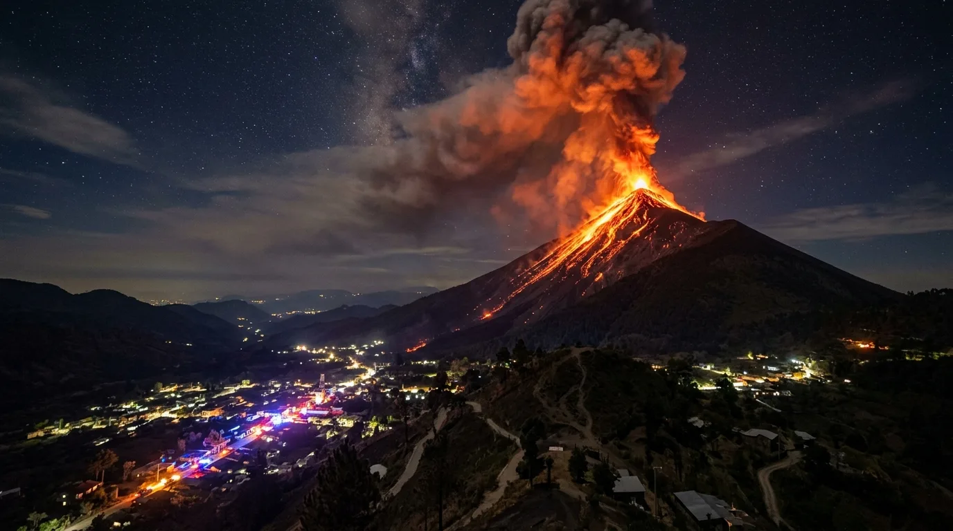 Plumes of thick gray ash and smoke billow from the crater of a towering volcano against a hazy, overcast sky.