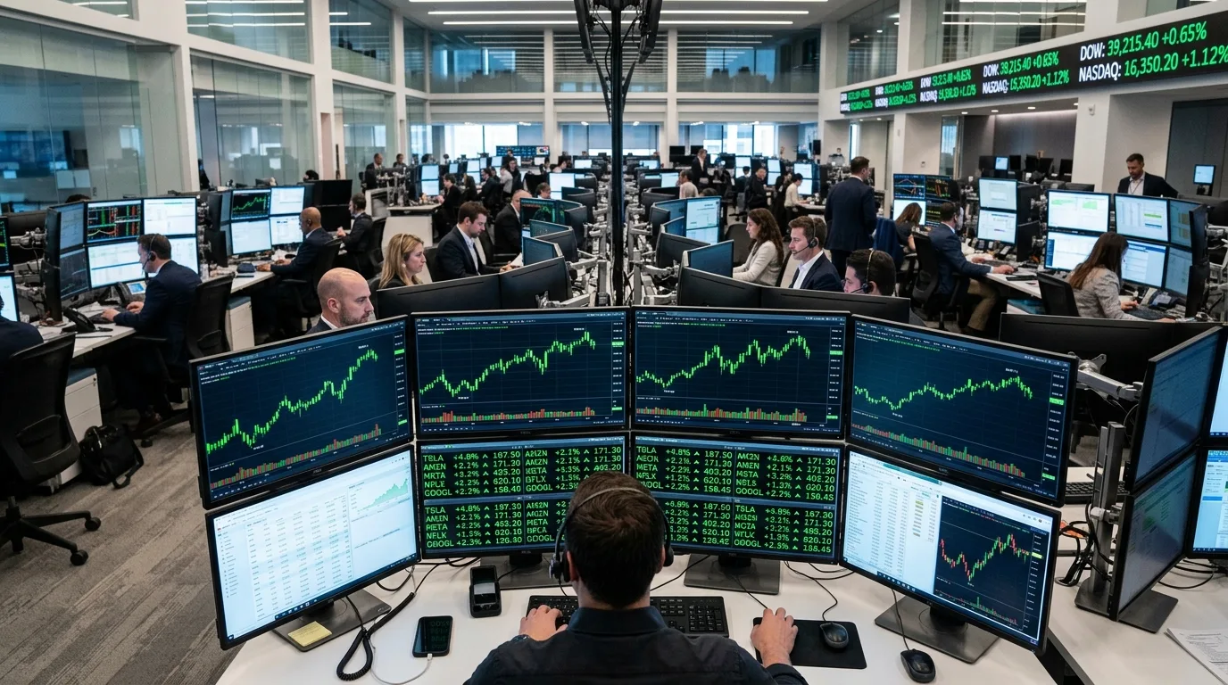 A digital stock market display shows rising green trend lines overlaying a blurred silhouette of an oil refinery.