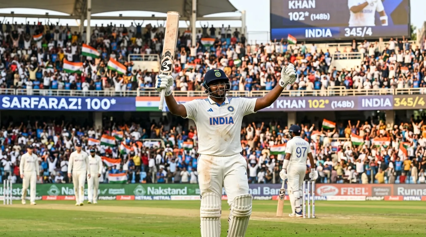 Sarfaraz Khan wears a white India Test cricket kit and a navy blue cap while looking toward the field.
