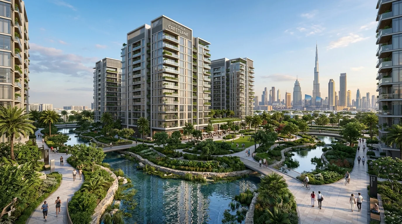 Construction machinery and excavators prepare the sandy ground at a large urban building site in Dubai.