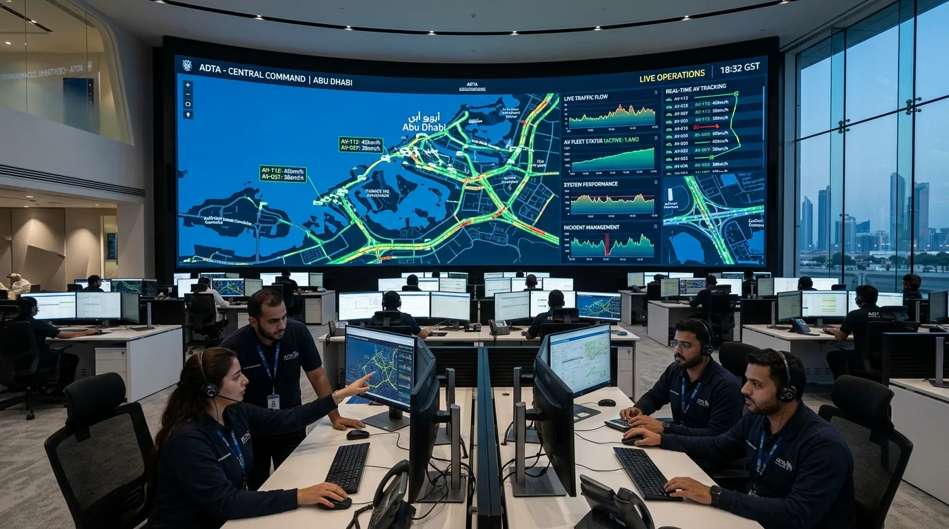 Technicians monitor a wall of digital screens displaying real-time traffic data inside a futuristic control center.
