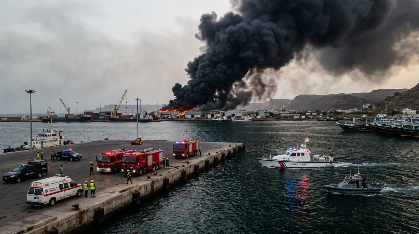 Thick black smoke rises from a fiery explosion at a commercial shipping port following a ballistic missile strike.