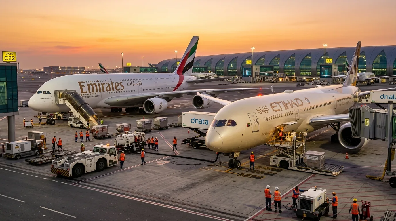 Two Emirates and Etihad passenger planes fly through a bright blue sky above a layer of soft white clouds.