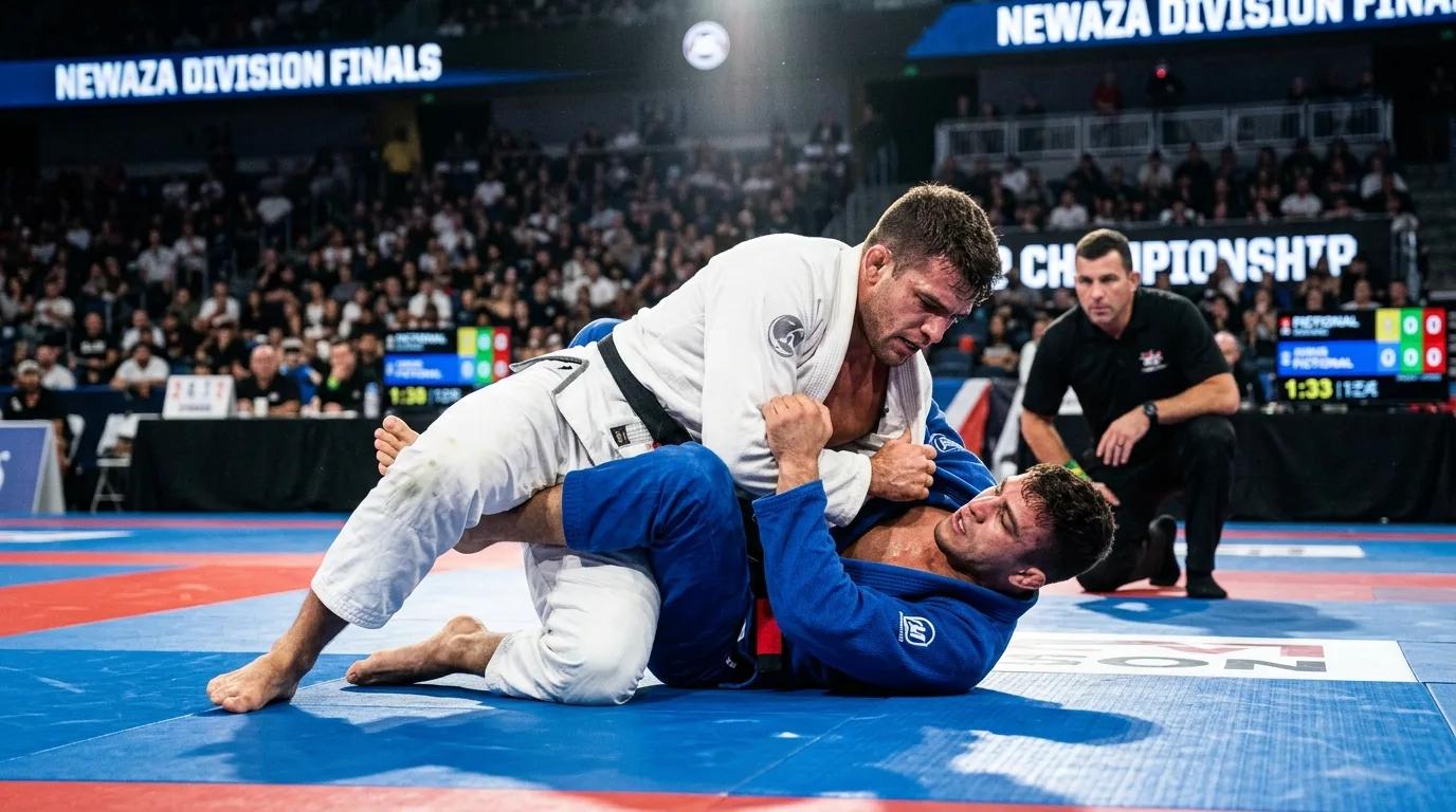A UAE athlete in a white gi celebrates with a raised gold medal atop a podium under bright arena lights.