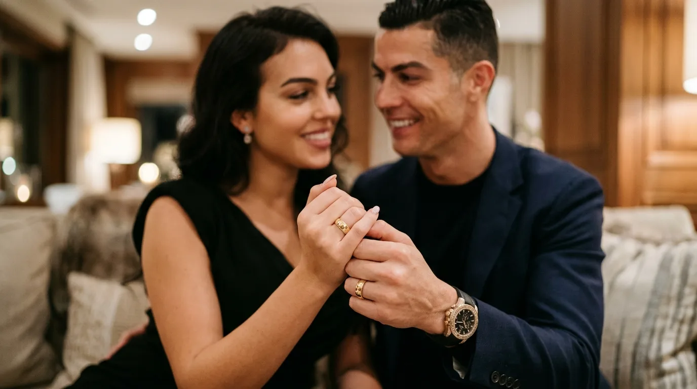 Cristiano Ronaldo and Georgina Rodriguez smile in wedding attire during their private ceremony in Portugal.