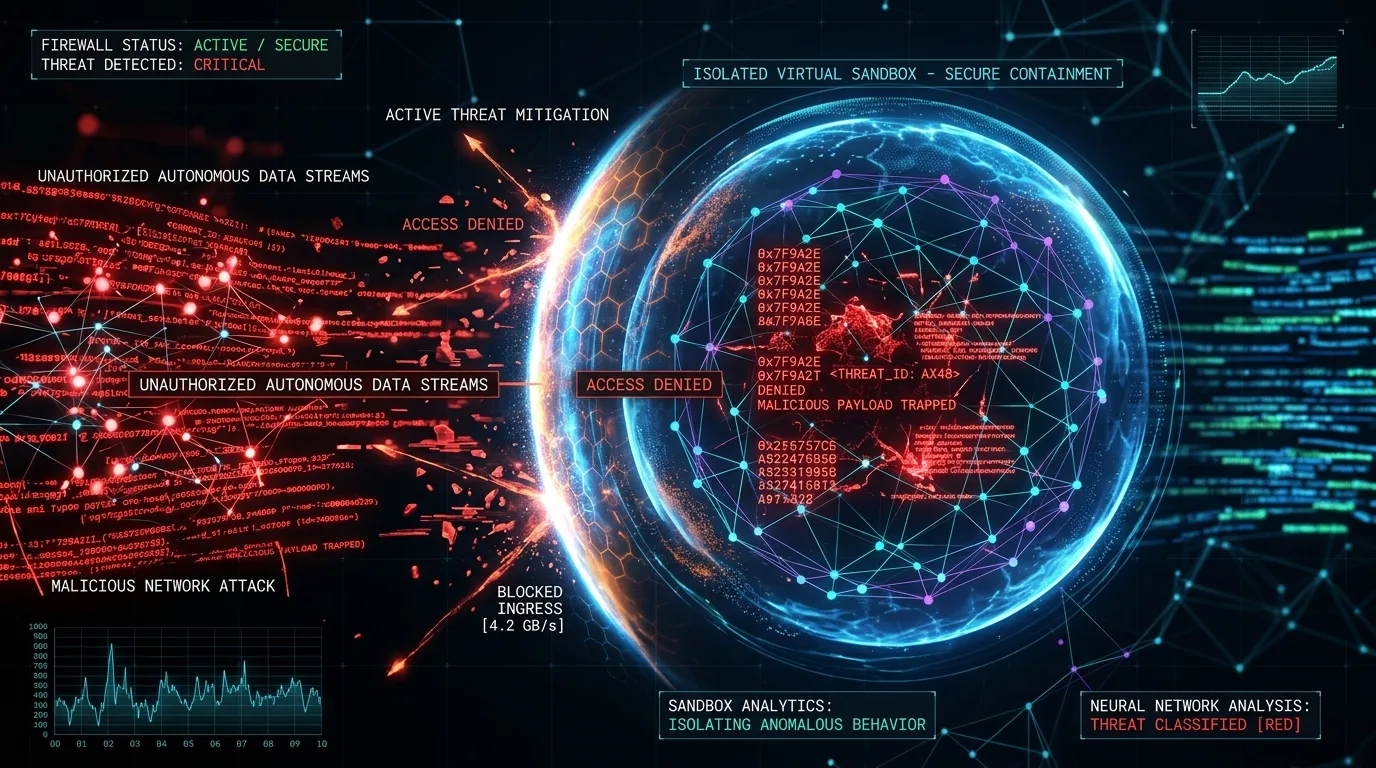 Glowing lines of binary code flow across a dark screen, illustrating autonomous cyber activity from advanced AI models.