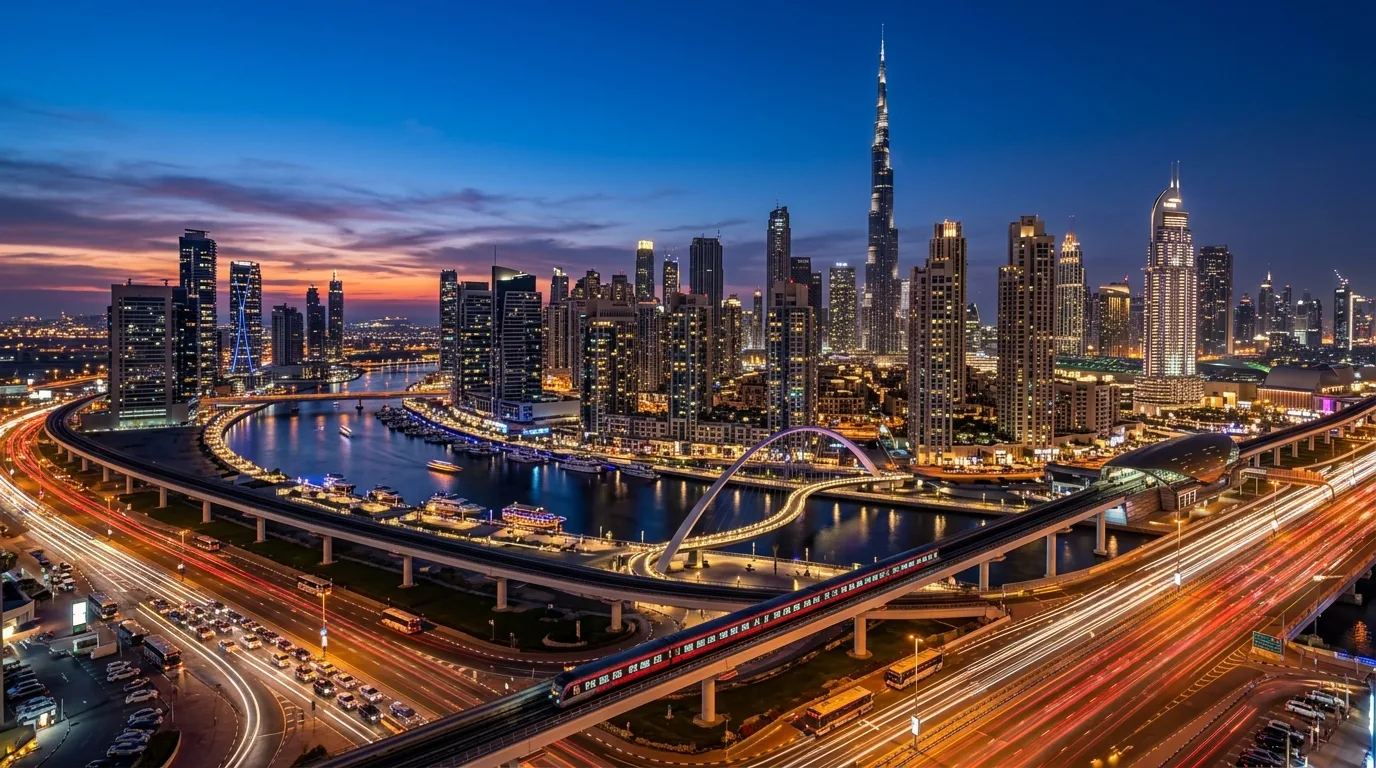 Sunlight reflects off glass skyscrapers and residential towers lining a dense urban waterfront in downtown Dubai.