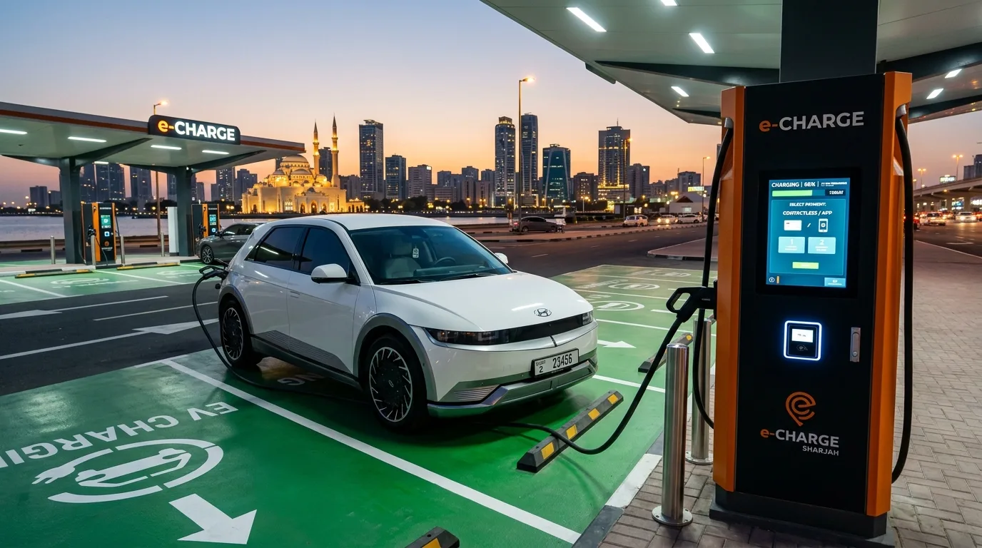 A white electric vehicle plugs into a roadside charging station against a modern city skyline at sunset.