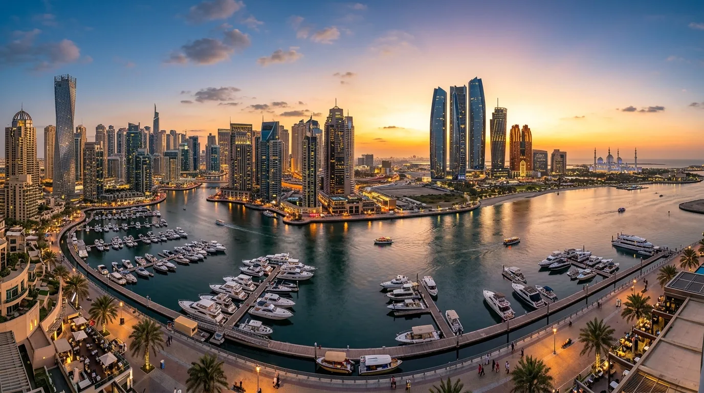 Modern glass skyscrapers and luxury residential towers reflect the bright sun against a clear Dubai skyline.