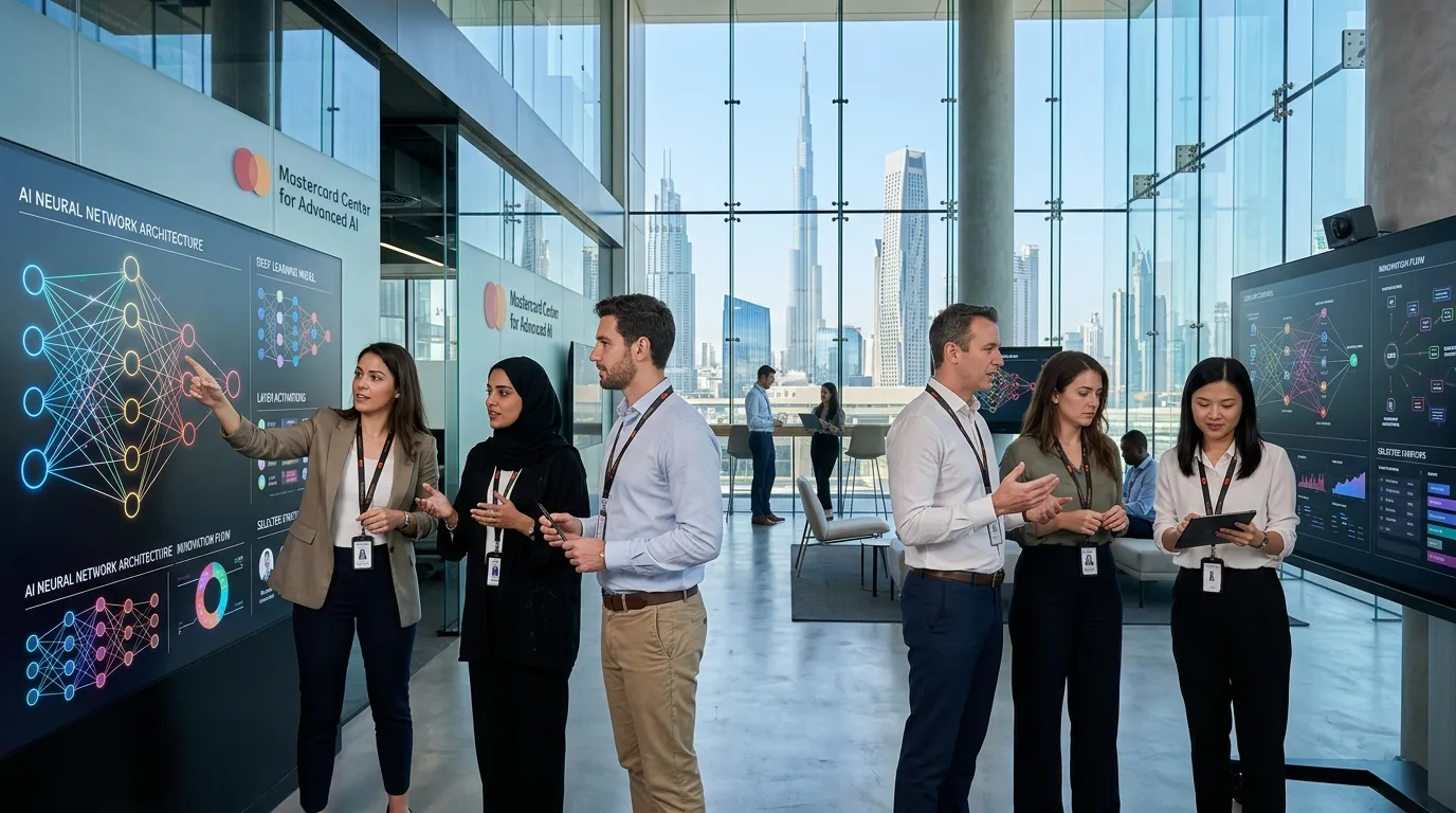 Six startup representatives pose with Mastercard and UAE AI Office officials at a modern professional launch event.