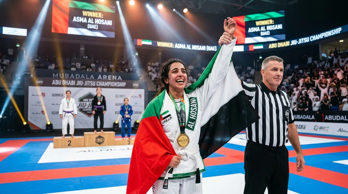 Three female UAE athletes in white gis smile and hold gold medals on a podium at the Jiu-Jitsu World Championship.
