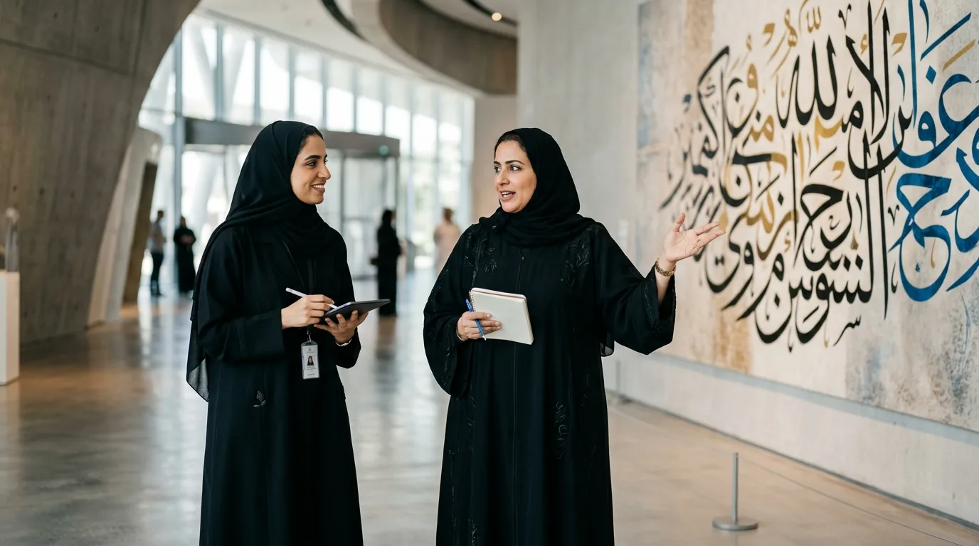 Three Emirati women in traditional dress smile and talk together against a modern Dubai skyline during the day.