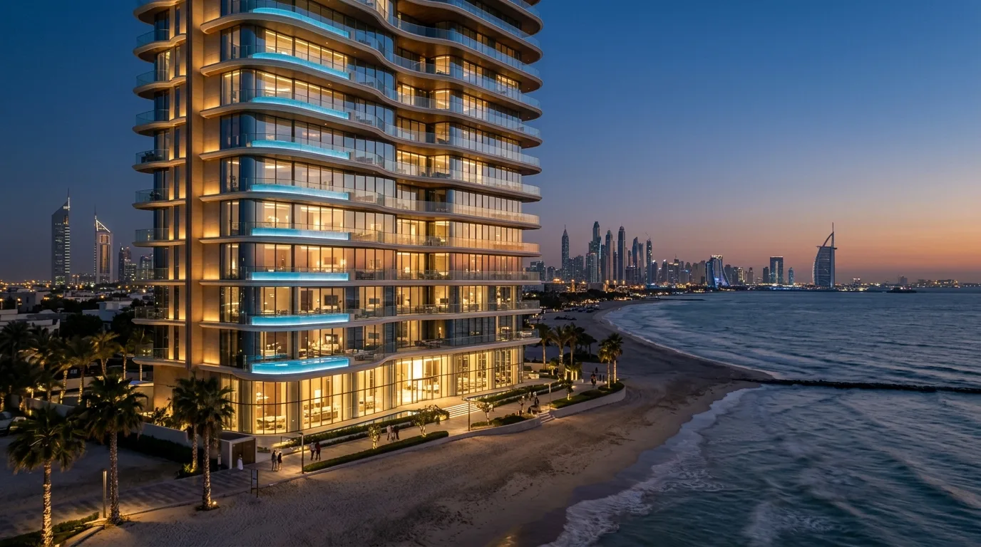 Modern skyscrapers and luxury residential towers line the waterfront of Dubai's skyline under a bright, clear sky.