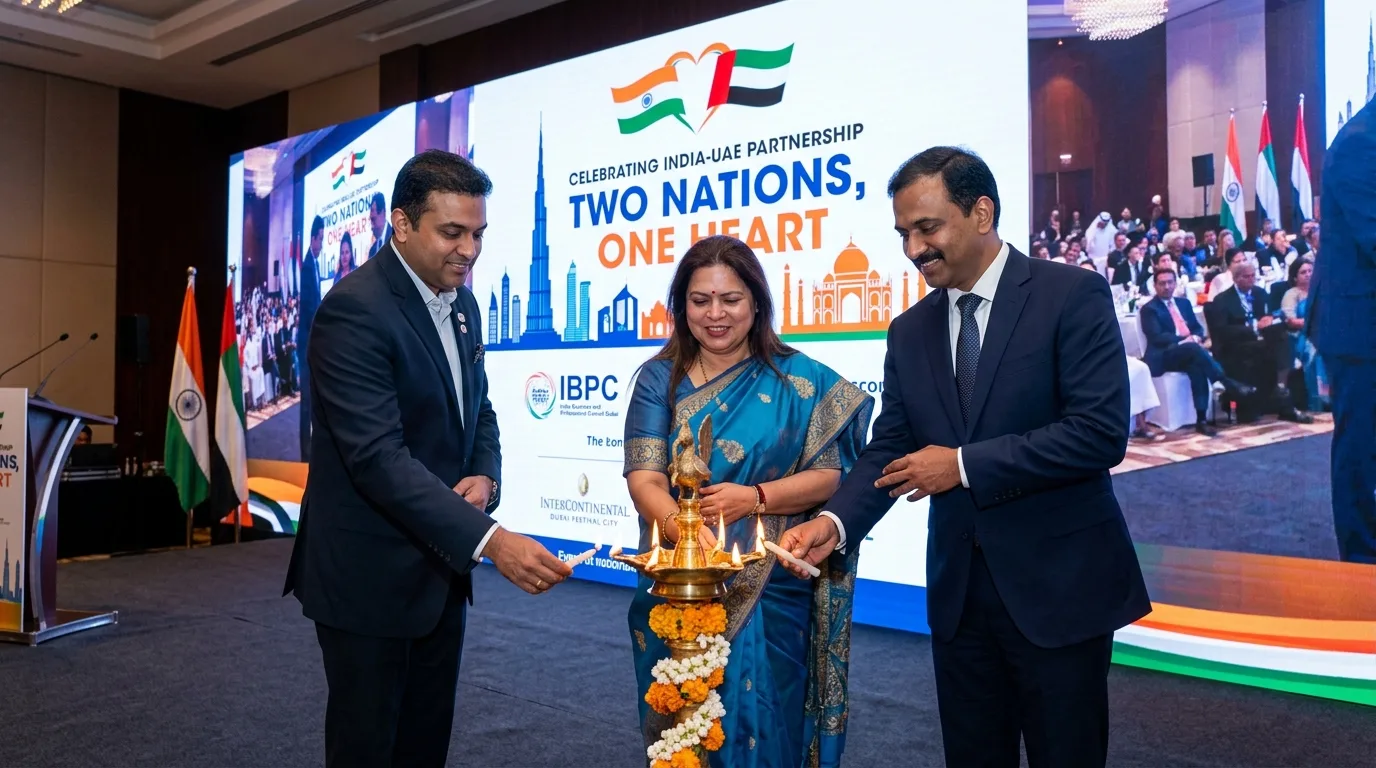 Dignitaries stand together on a decorated stage during the gala celebrating India and Dubai’s strategic partnership.
