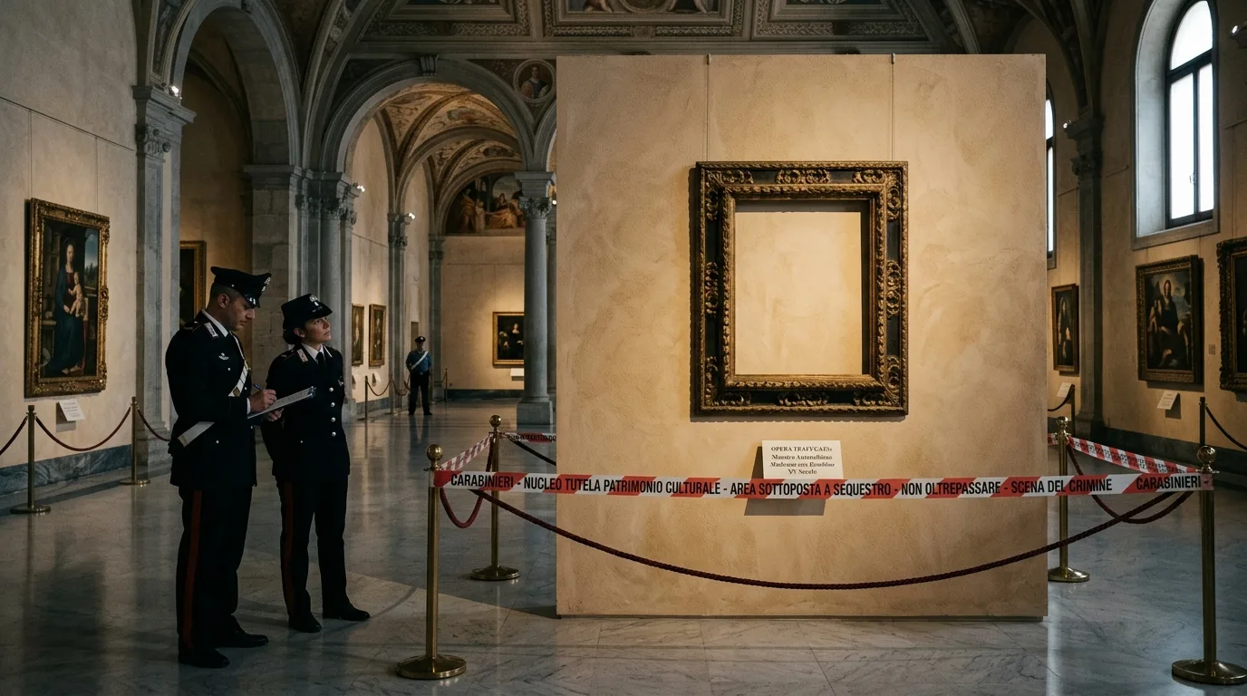 Empty ornate gold frames hang on a gray gallery wall inside Sicily's MuMe museum after a daring art heist.