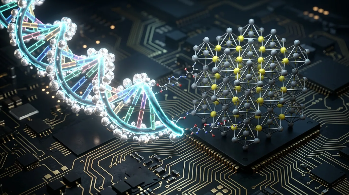 Microscopic strands of synthetic DNA weave through a dark semiconductor chip to form a glowing bio-hybrid memory circuit.