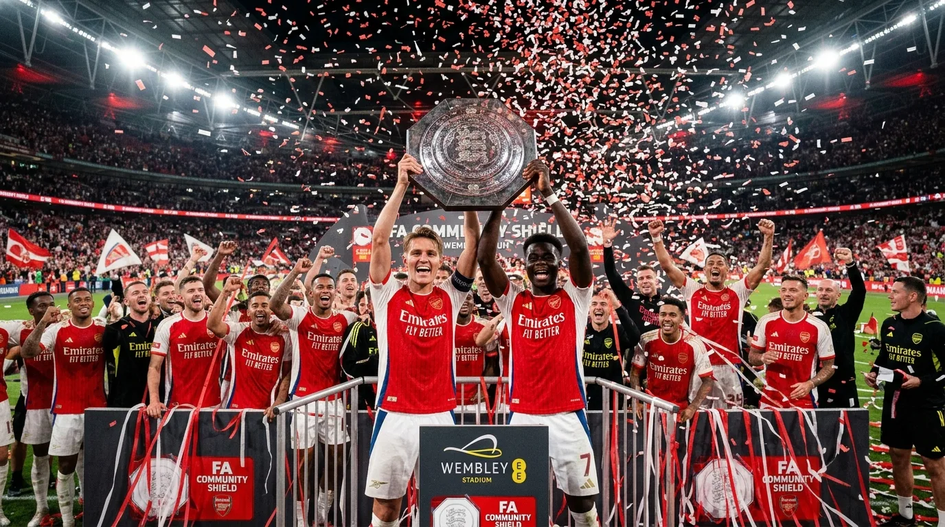 Arsenal players celebrate with the Community Shield trophy on a podium at Wembley Stadium amid red confetti.