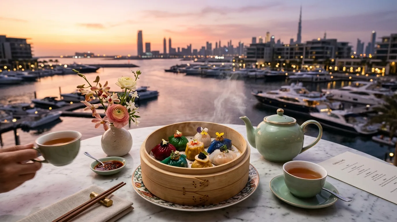 A luxury afternoon tea set features ornate pastries and floral arrangements on a tiered stand in a Dubai lounge.