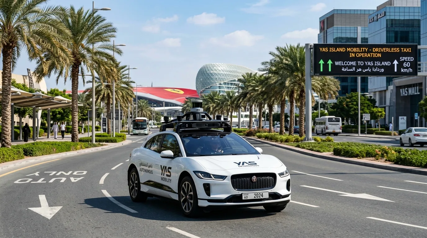 A white autonomous vehicle drives through an urban Abu Dhabi street, showcasing the city's smart mobility expansion.