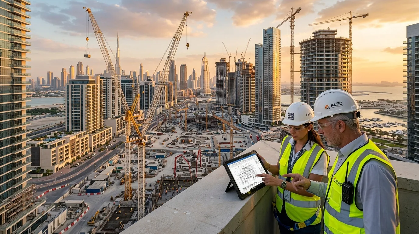 Modern skyscrapers tower over a sprawling coastal construction site during a bright afternoon in Dubai.