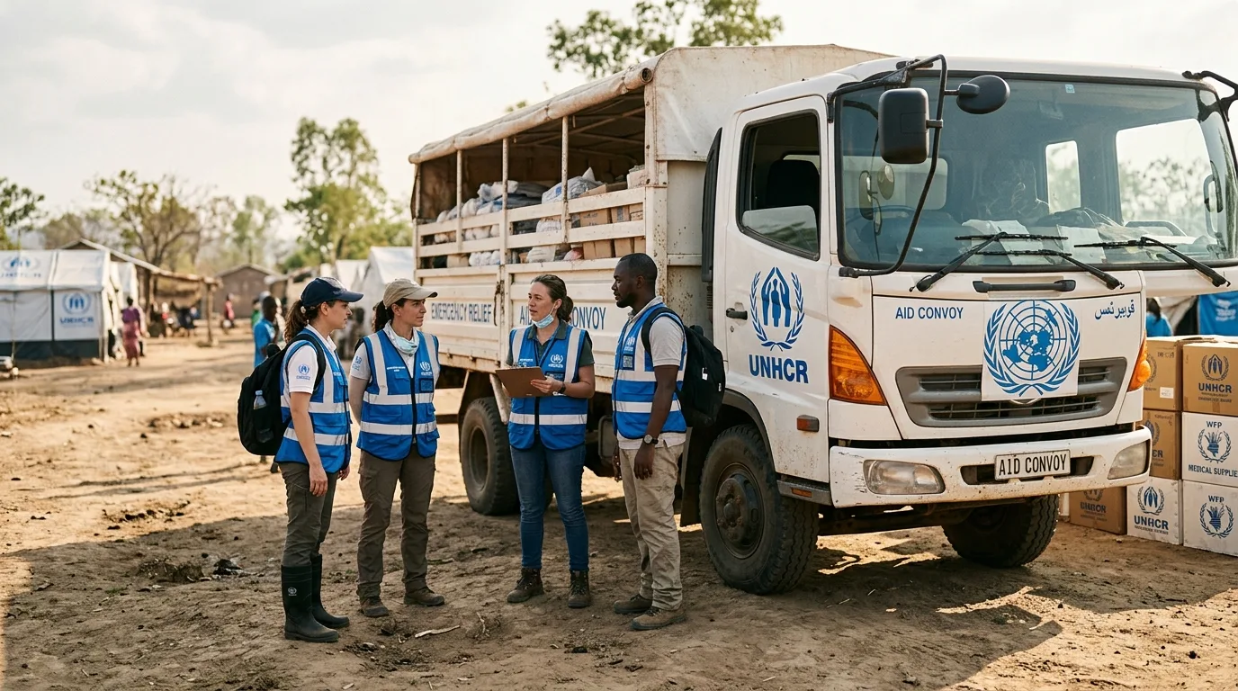 A diverse group of aid workers in blue vests stands together before a backdrop of international flags.