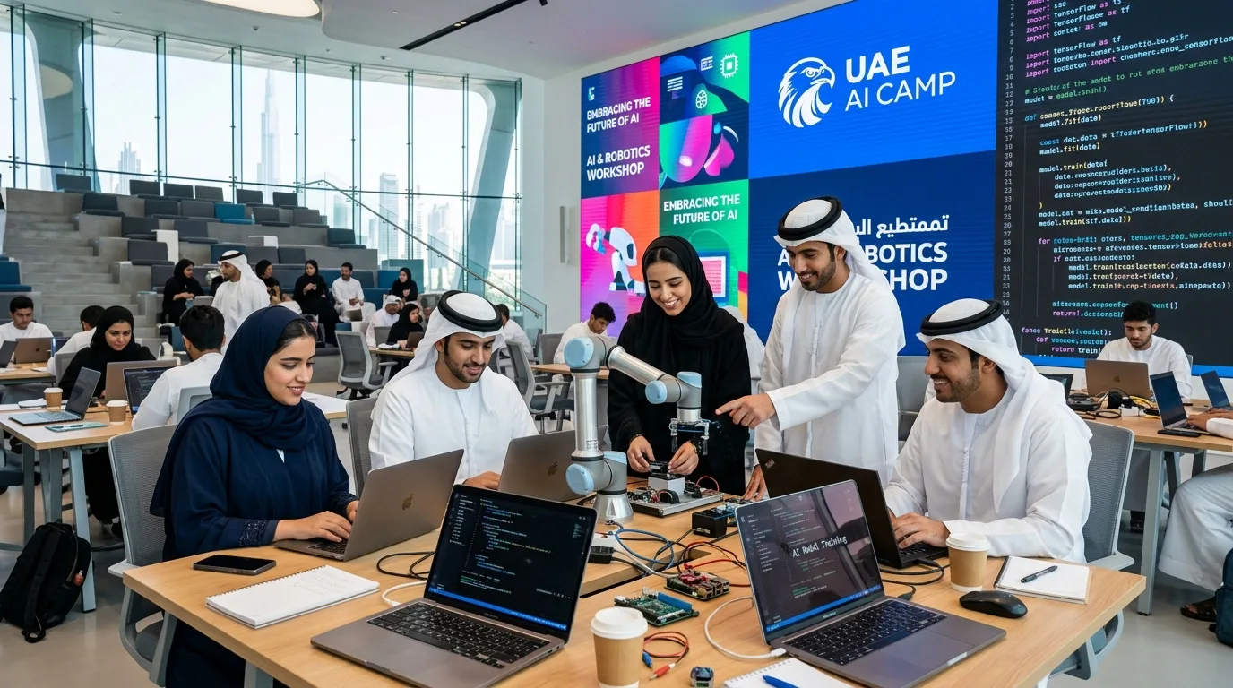 Young people work on laptops during a collaborative artificial intelligence workshop in a modern technology center.