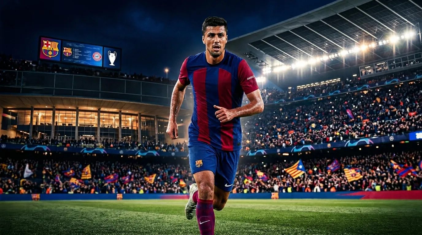 Midfielder Rodri celebrates in a red Spain national team jersey while gesturing during a high-stakes football match.
