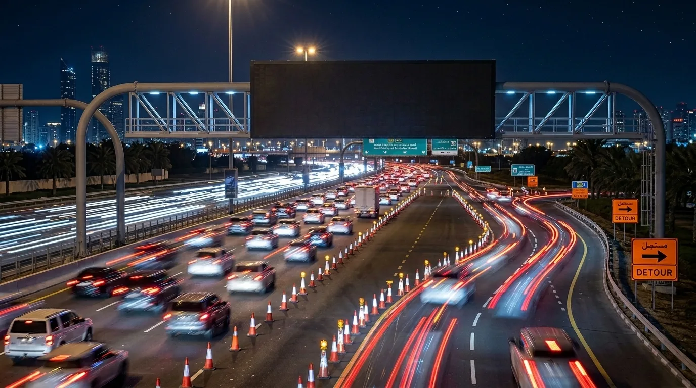 A multi-lane highway stretches toward the horizon under bright streetlights during a clear desert night.