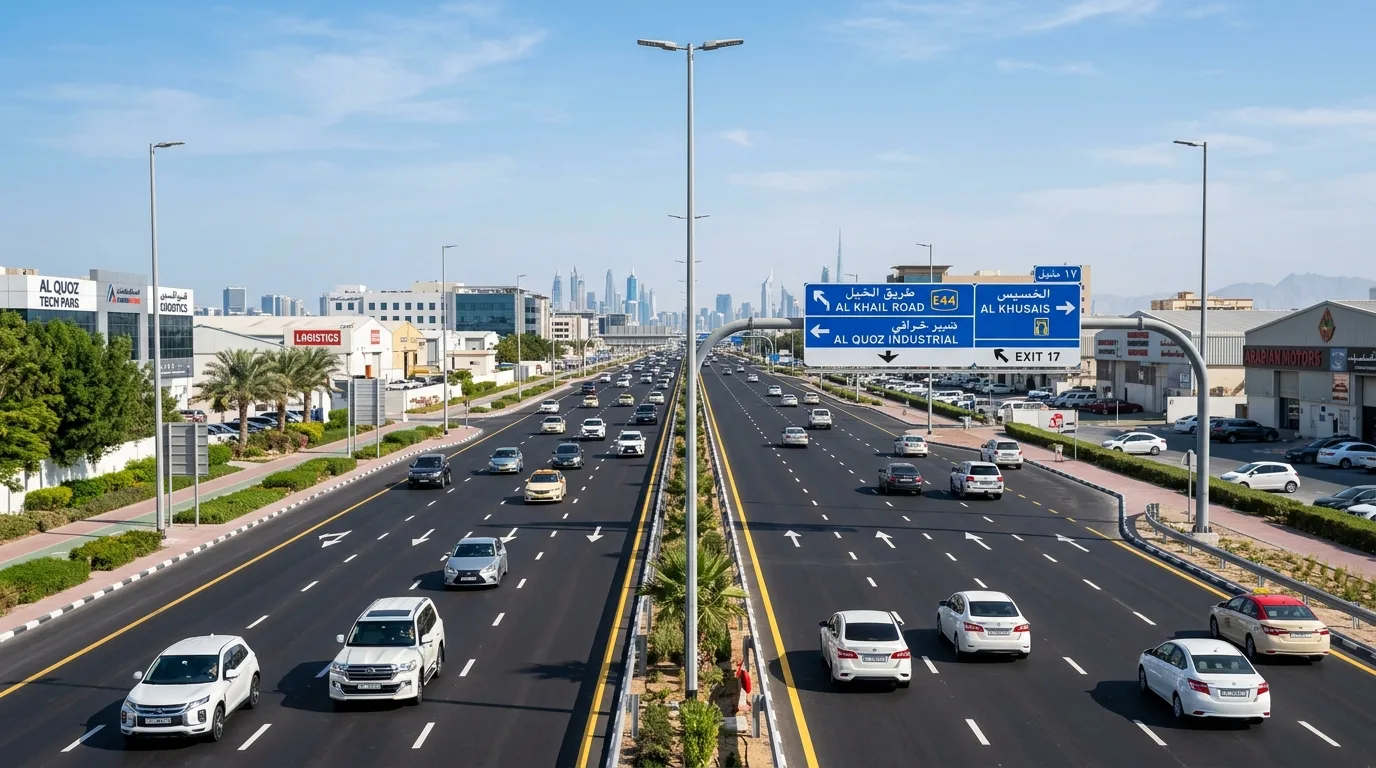 A multi-lane highway in Dubai features flowing traffic alongside modern glass skyscrapers under a clear blue sky. | credit:Ai generated image