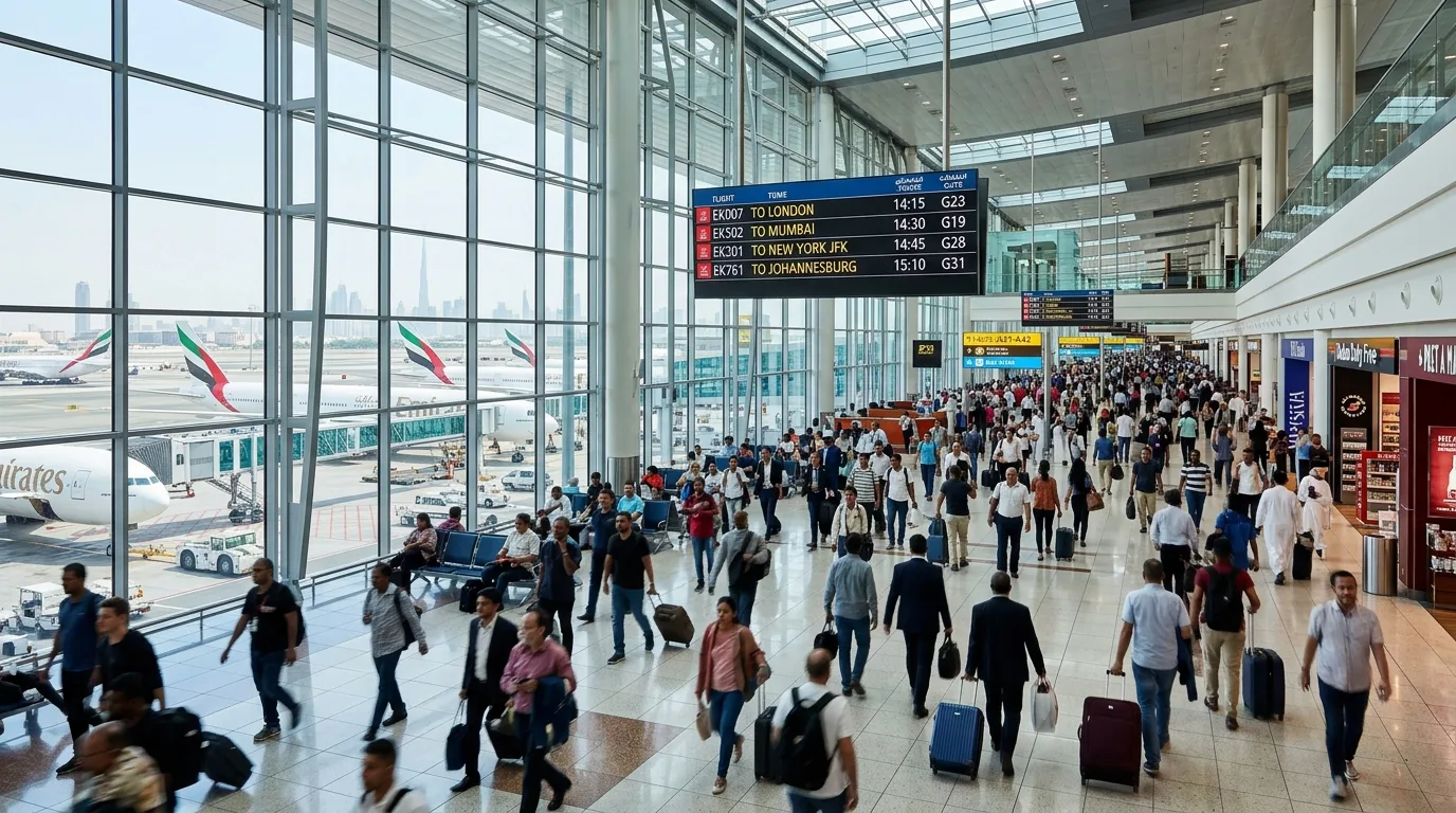 Crowds of travelers walk through a bright, modern terminal at Dubai International Airport under high vaulted ceilings.