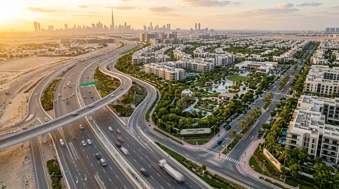 A wide asphalt highway interchange curves toward a modern residential development under a clear blue sky.