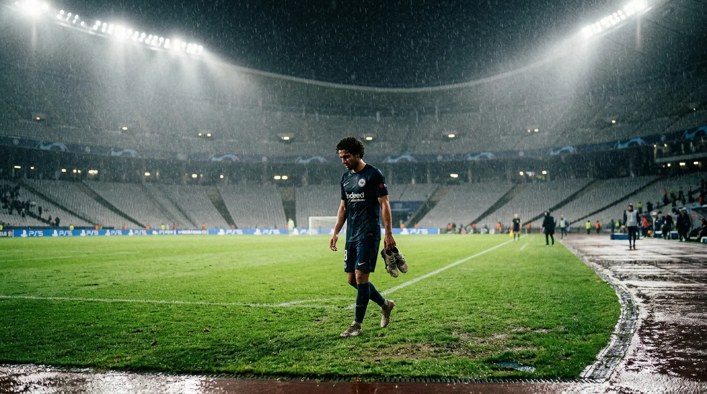 A soccer player sits on the grass with head in hands while blurred athletes compete in a crowded stadium.