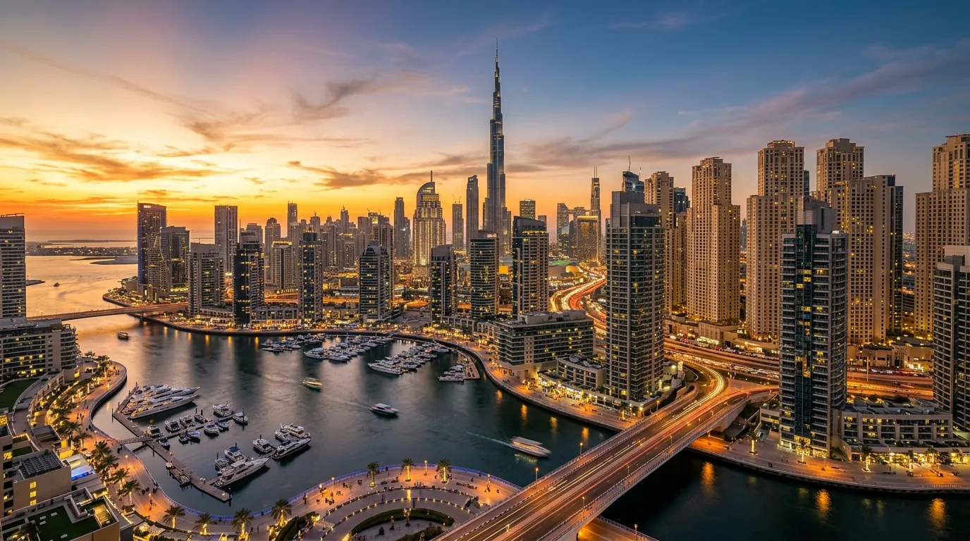 Modern glass skyscrapers line a waterfront in Dubai under a clear sky, reflecting the city's rapid urban development.