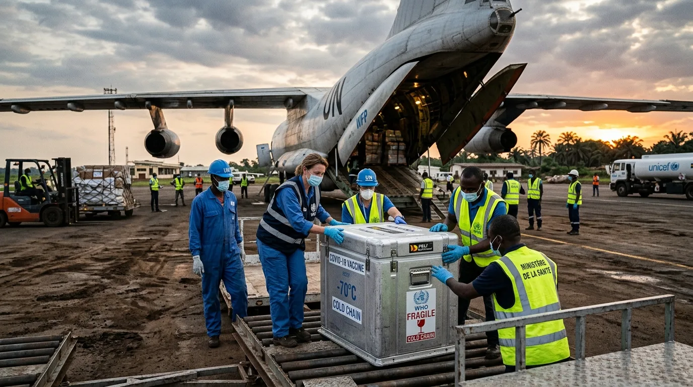 Medical logistics personnel inspecting cold-chain storage containers during the emergency vaccine rollout in the Democratic Republic of the Congo. | credit:Ai generated image