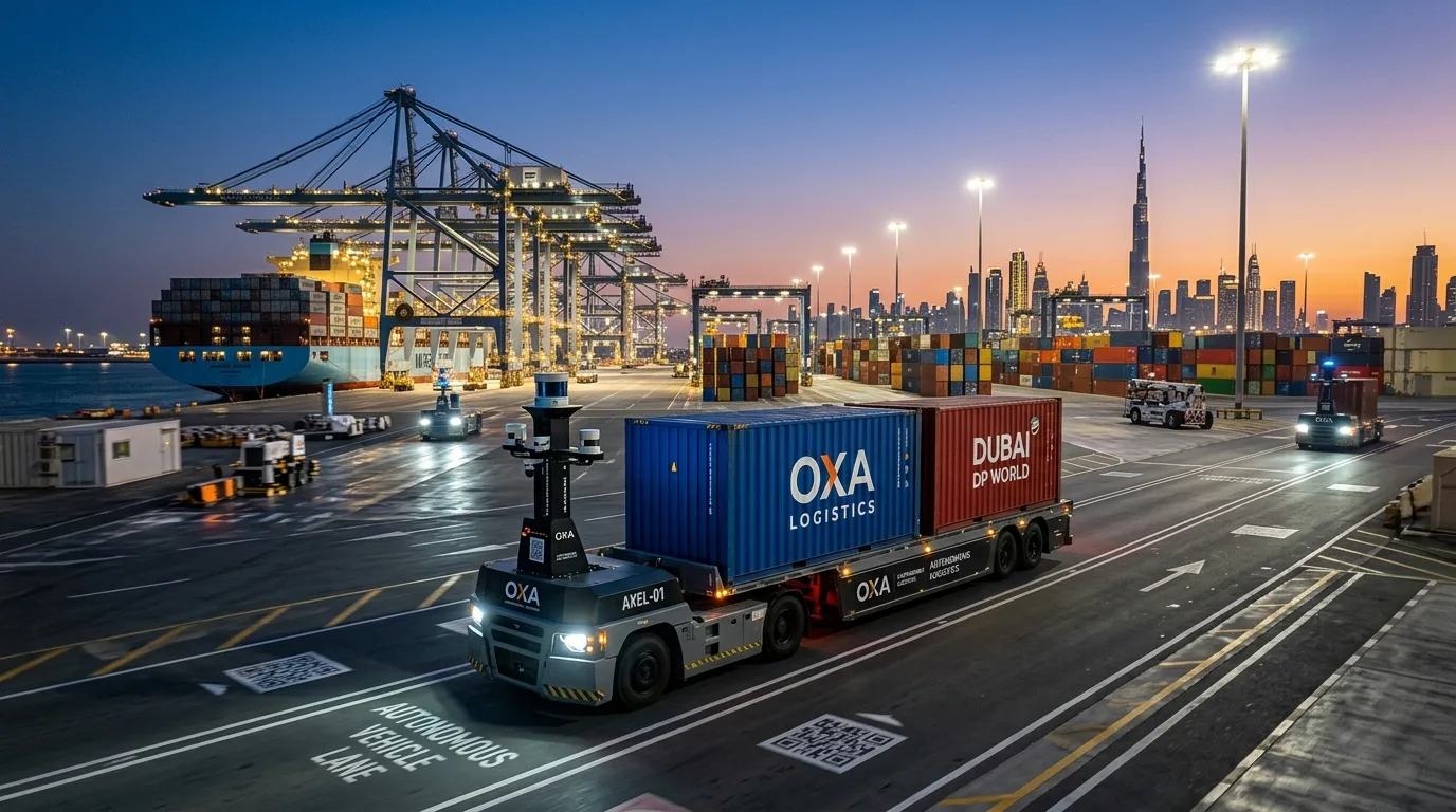 Autonomous logistics vehicle operating in a modern industrial port terminal in Dubai under the SHIFFT joint venture program. | credit:Ai generated image