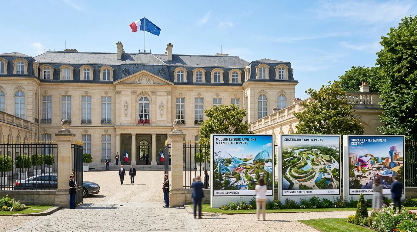 A digital rendering shows a sprawling theme park complex with futuristic rides and colorful attractions near Paris.