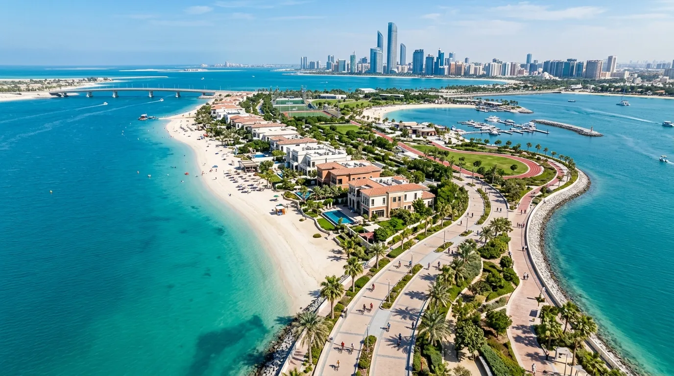 Modern luxury villas and manicured green spaces overlook a calm turquoise waterfront under a clear blue sky.