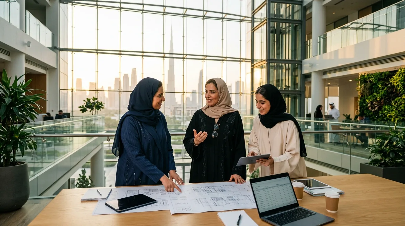 Diverse groups of Emirati women in professional and traditional attire smile together during a national celebration.