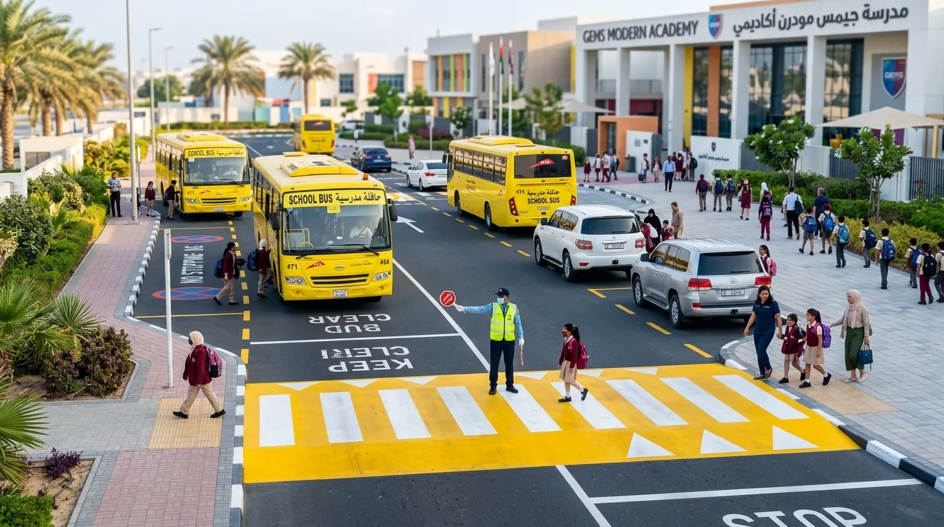 Freshly painted yellow pedestrian crossings and new traffic signs stand on a paved road near a modern school building.