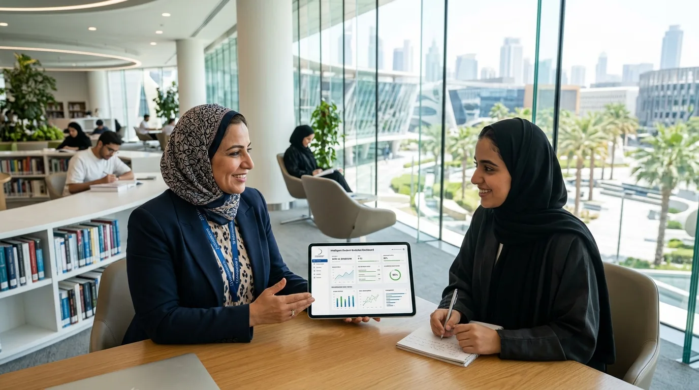 A digital network map of the UAE connecting university buildings with glowing icons representing AI agents.