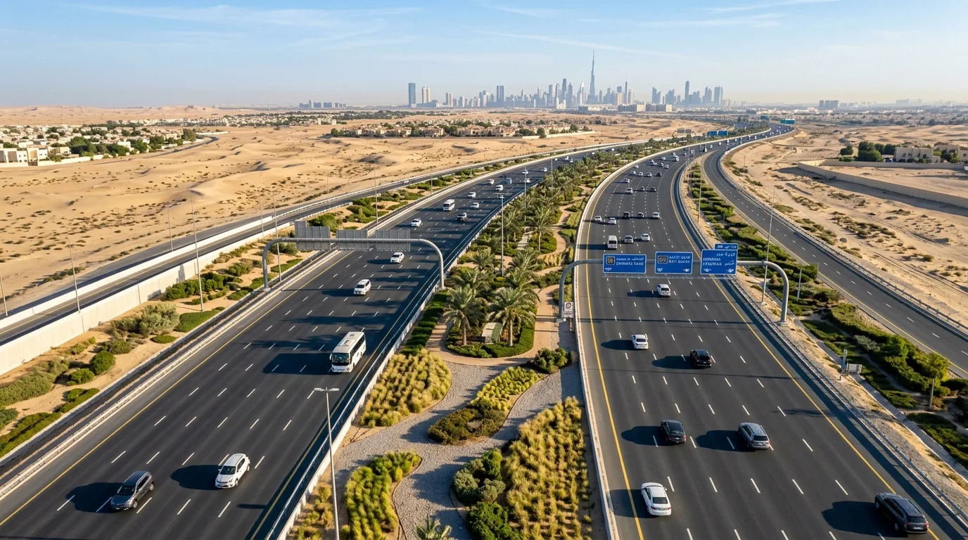 Multiple cars travel along a newly expanded eight-lane highway stretching through a flat desert landscape in Dubai.