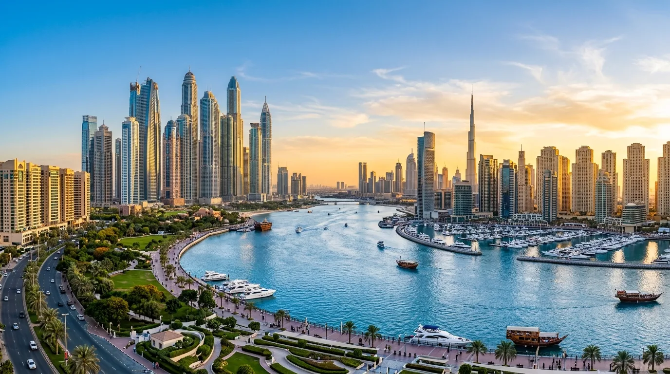 Modern skyscrapers rise above a sparkling blue waterfront under a clear sky in a sunlit United Arab Emirates cityscape. | credit:Ai generated image