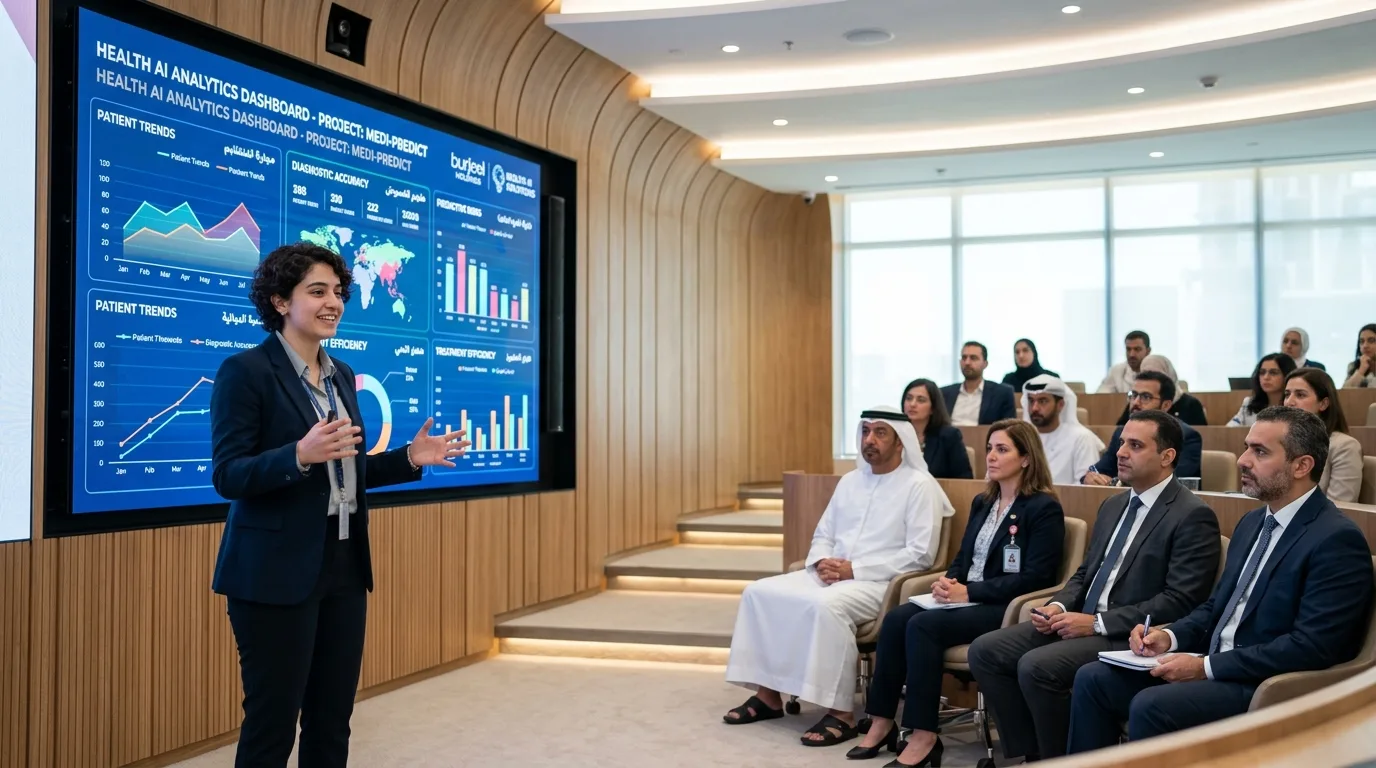 Student finalists present clinical AI projects to a panel at the AI Builders Summit in an Abu Dhabi auditorium.