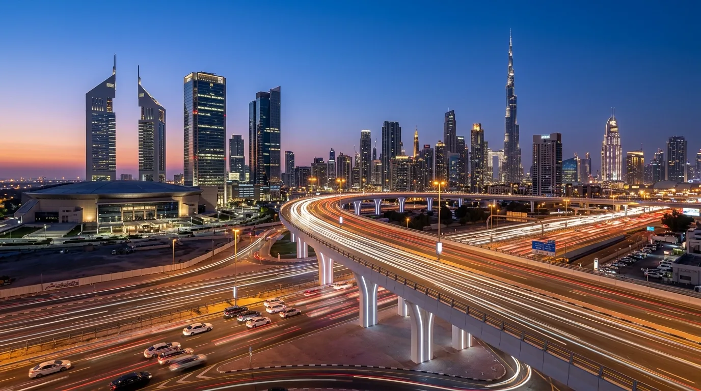 Vehicles travel across a multi-lane concrete bridge spanning a busy highway intersection near Dubai's skyscrapers.