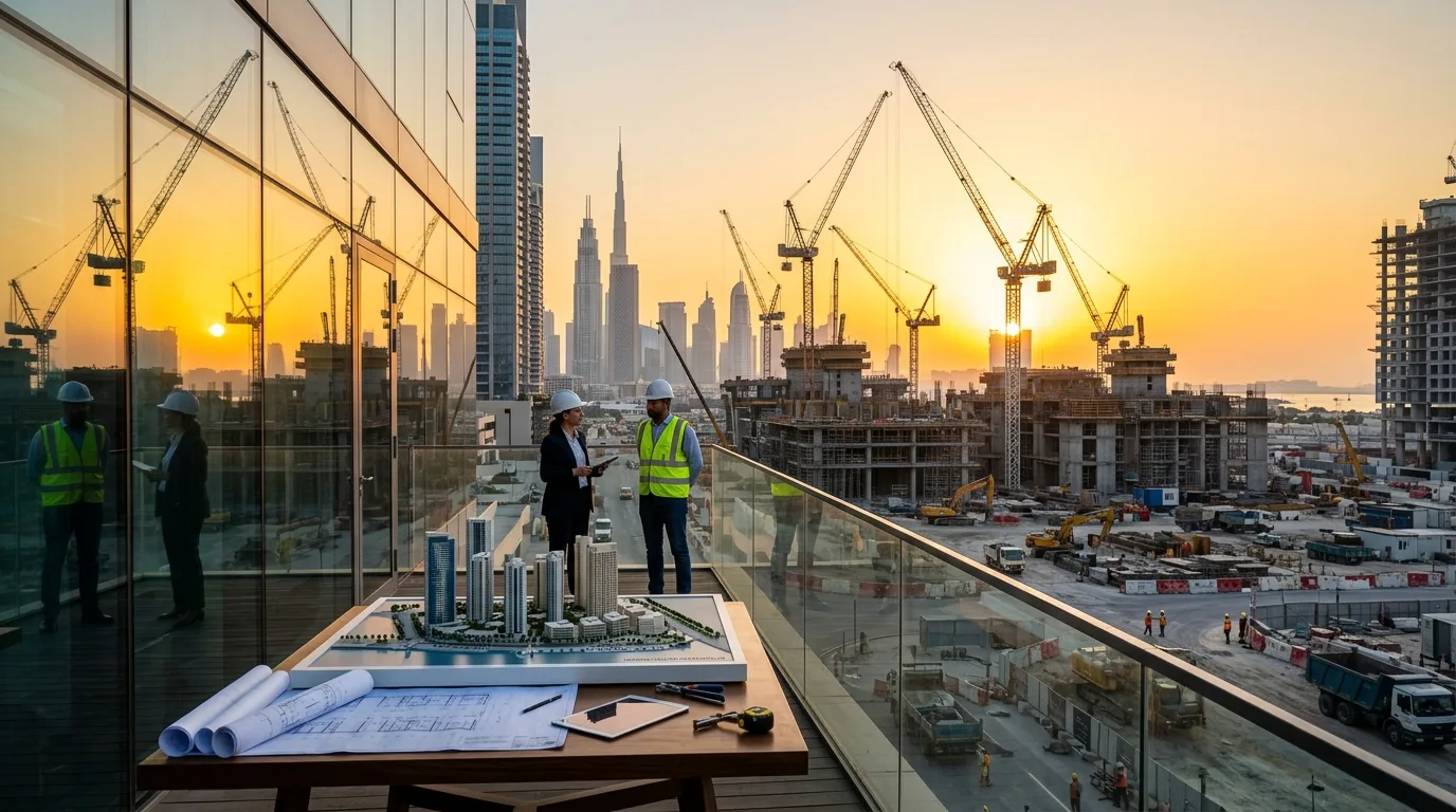 Sunlight reflects off the glass facades of modern skyscrapers lining the dense urban skyline of Dubai at sunset.
